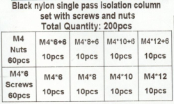 Sada plastových dist.sloupků, šroubků a matiček M4 - 200ks sloupků